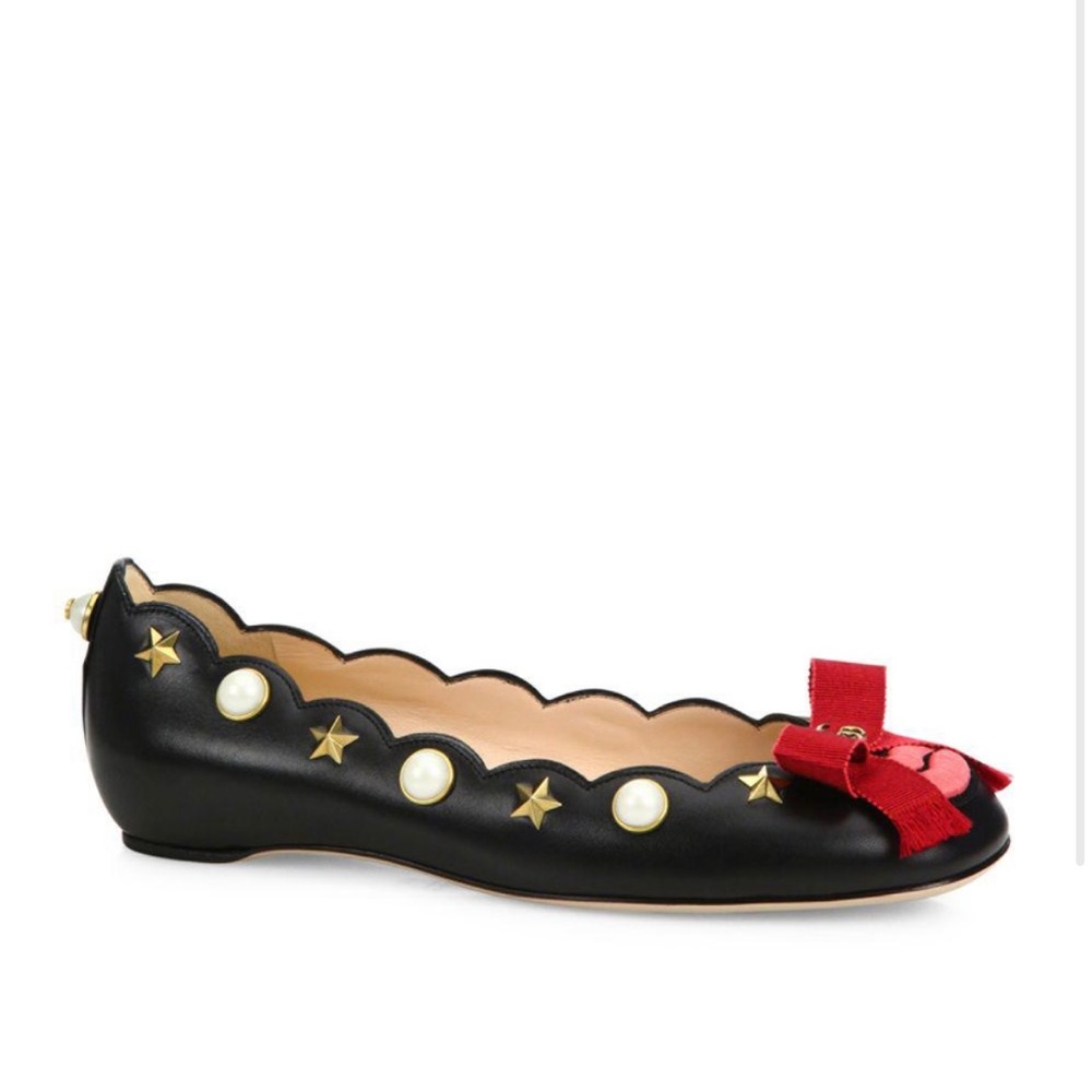 GUCCI LEXI BLACK STUDDED SUOREME BALLET FLAT LIPS  8.5